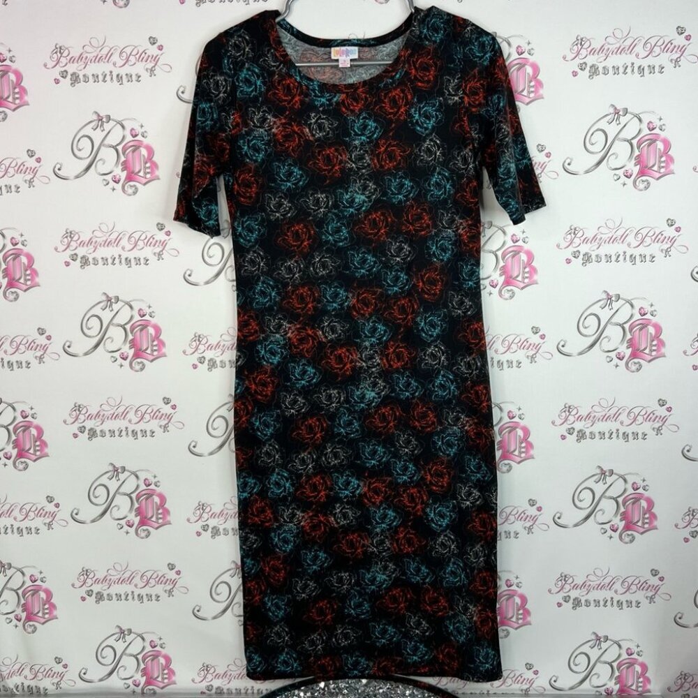 LuLaRoe dress roses pattern flowers Black Dress with Red Blue Floral Pattern